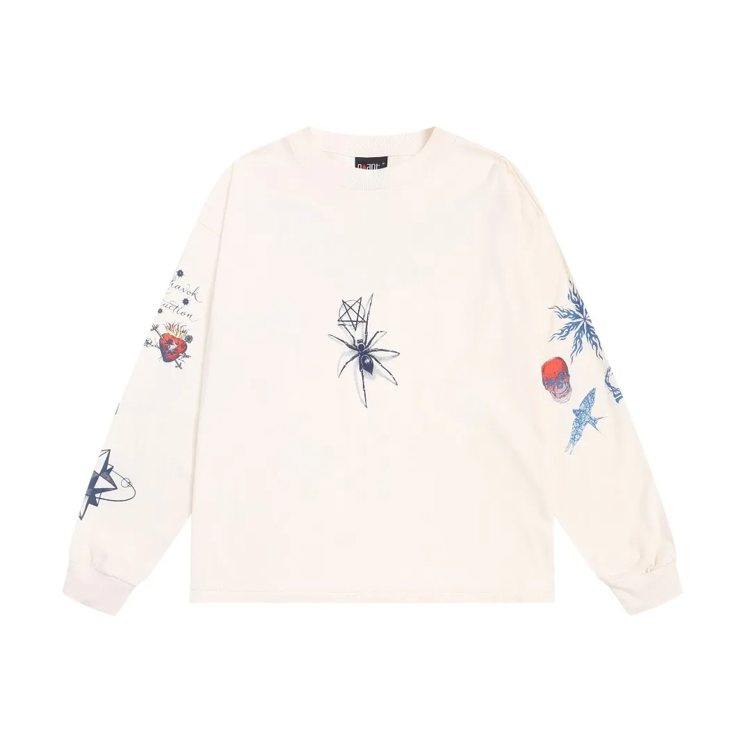 Saint Michael American skull spider print VTG high street distressed loose long-sleeved bottoming T-shirt for men and women Fabric: 260g Style number: SM651 Size: S-M-L-XL Color: White Price: P144